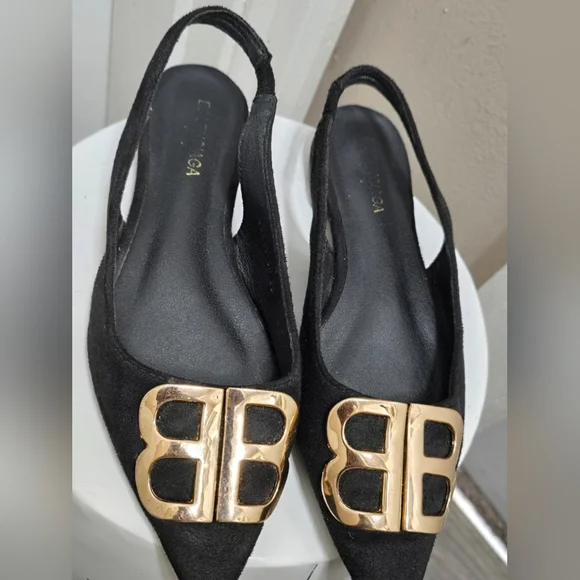 Balenciaga BB Velvet Slingback Pointy Toe Black Flats - Picture 4 of 10